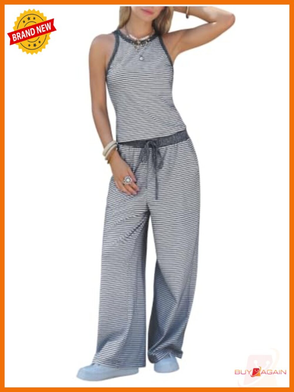 Women's Cotton Striped Tank Top and Wide Leg Pants Set with Pockets